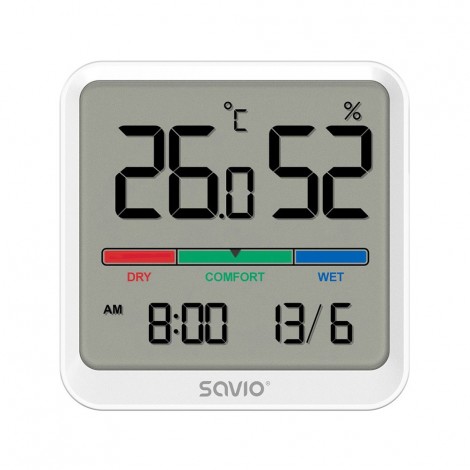 Czujnik temperatury i wilgotności, do użytku wewnętrznego, ekran LCD, zegar, data, uchwyt z magnesem, CT-01/W Biały