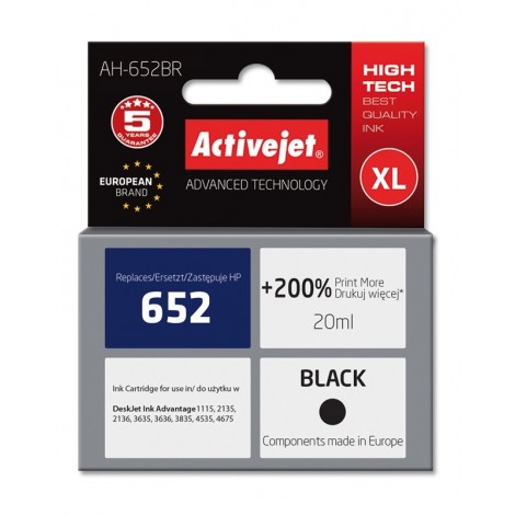 Activejet AH-652BR ink (replacement for HP 652 F6V25AE; Premium; 20 ml; black)