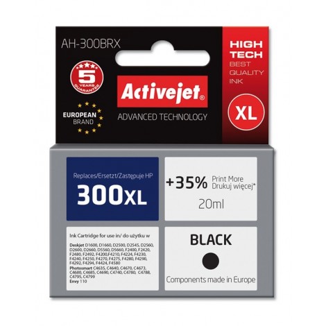 Activejet AH-300BRX HP Printer Ink, Compatible with HP 300XL CC641EE;  Premium;  20 ml;  black. Prints 35% more.