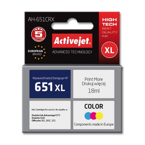 Activejet AH-651CRX ink (replacement for HP 651 C2P11AE; Premium; 18 ml; color)