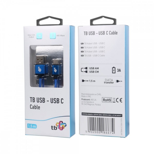 Kabel USB-USB C 1.5m niebieski sznurek ...