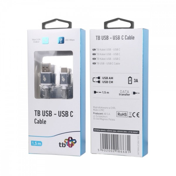 Kabel USB-USB C 1.5m szary sznurek ...