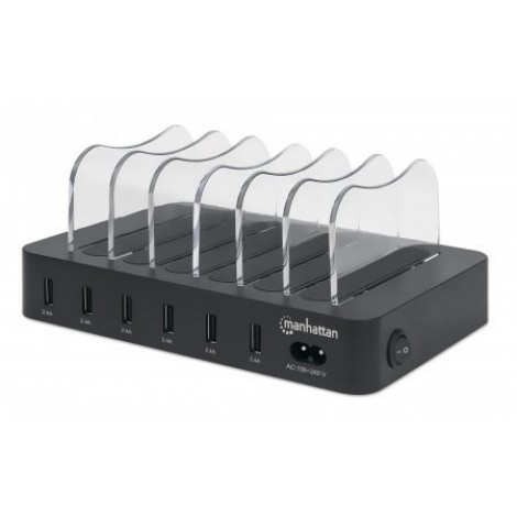 Manhattan Charging Station, 6x USB-A Ports, Outputs: 6x 2.4A, Smart IC, LED Indicator Lights, Black, Three Year Warranty, Box