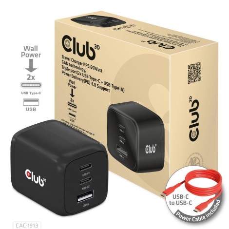 MOBILE CHARGER WALL 3PORT/GAN 65W CAC-1913EU CLUB3D