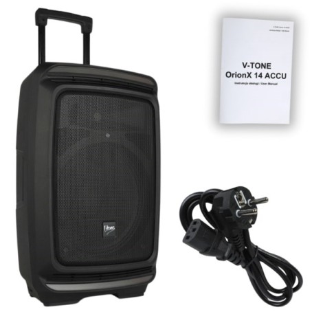V-TONE OrionX 14 ACCU - Kolumna aktywna akumulatorowa czarna, Bluetooth, TWS, USB, AUX, FM, DSP, wysuwana rączka, kółka transportowe, 135W RMS