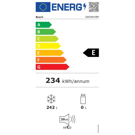 Bosch | Freezer | GSN36VXEP | Energy efficiency class E | Upright | Free standing | Height 186 cm | Total net capacity 242 L | No Frost system | Stainless steel