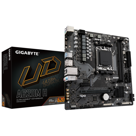 Gigabyte | A620M H 1.0 M/B | Processor family AMD | Processor socket AM5 | DDR5 DIMM | Memory slots 2 | Supported hard disk drive interfaces 	SATA, M.2 | Number of SATA connectors 4 | Chipset AMD A620 | Micro ATX