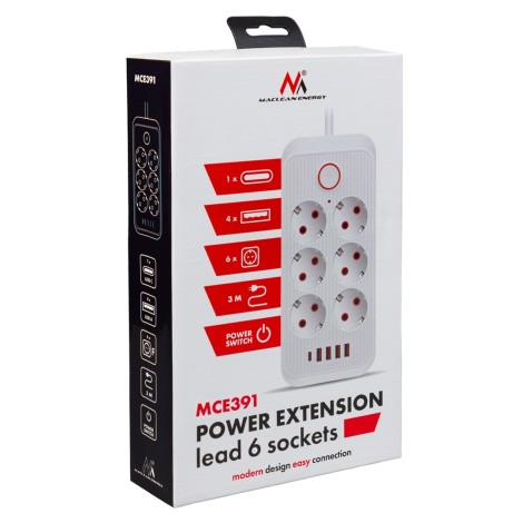 Maclean power strip, 6 socket extension + 4xUSB, 110-240V AC 50/60Hz, 2.1A max 2500W, 3m, black, MCE391 B