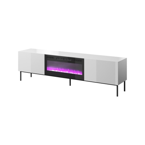 RTV SLIDE 200K cabinet with an electric fireplace on a black frame 200x40x57 cm all in white gloss