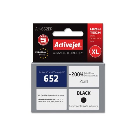 Activejet AH-652BR ink (replacement for HP 652 F6V25AE; Premium; 20 ml; black)