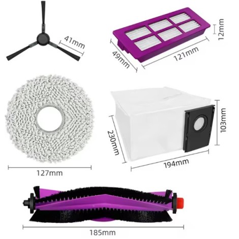 Midea V15 Spare Parts kit: 1x Side Brush, 2x Mop Pad, 1x Roller Brush, 1x Filter, 1x Dust Bag