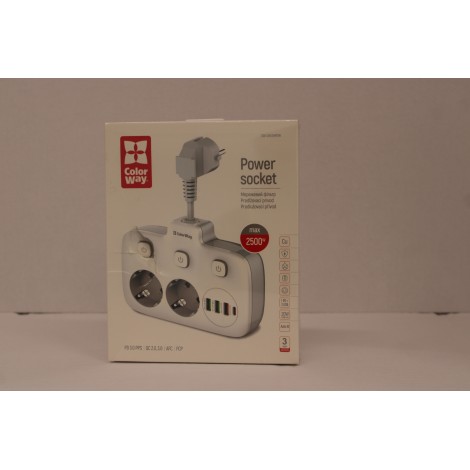 SALE OUT. ColorWay CW-CHE24PDW Power Socket: 2xEU plugs/3xUSB-A/1xUSB-C White 2.5M | ColorWay Power Socket | CW-CHE24PDW | DAMAGED PACKAGING