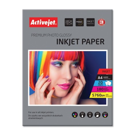 Activejet AP4-180G20 glossy photo paper; for ink printers; A4; 20 pcs