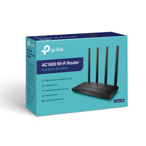 AC1900 Wireless MU-MIMO Wi-Fi 5 Router | Archer C80 | 802.11ac | 1300+600 Mbit/s | 10/100/1000 Mbit/s | Ethernet LAN (RJ-45) ports 4 | Mesh Support No | MU-MiMO Yes | No mobile broadband | Antenna type 4xFixed