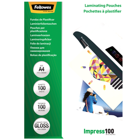 Fellowes | Laminating Pouch | A4 | Clear | Thickness: 100 micron, Qty Per Pack: 100 pcs; Ideal for notices, craft materials, signage and frequently handled documents; Compatible with all laminator brands