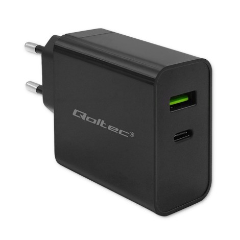 Qoltec 52378 Super Quick PD Charger | 1xUSB-C | 1xUSB | 45W | 5-20V | 2.25-3A | Black