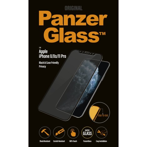 PanzerGlass | P2666 | Screen protector | Apple | iPhone X/Xs/11 Pro | Tempered glass | Black | Confidentiality filter; Full frame coverage; Anti-shatter film (holds the glass together and protects against glass shards in case of breakage); Case Friendly –