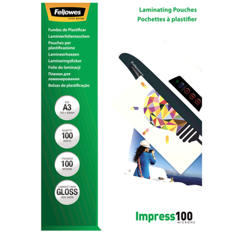 Fellowes | Laminating Pouch | A3 | Glossy | Thickness: 100 micron, Qty Per Pack: 100 pcs; Ideal for notices, craft materials, signage and frequently handled documents; Compatible with all laminator brands