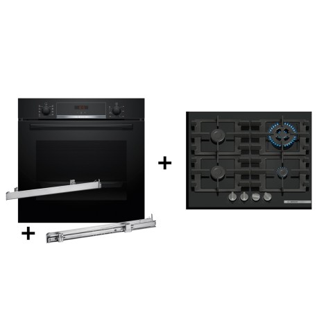 Zestaw piekarnik BOSCH HBA514BB3 + prowadnice teleskopowe BOSCH HEZ538000 + płyta gazowa BOSCH PNH6B6K40
