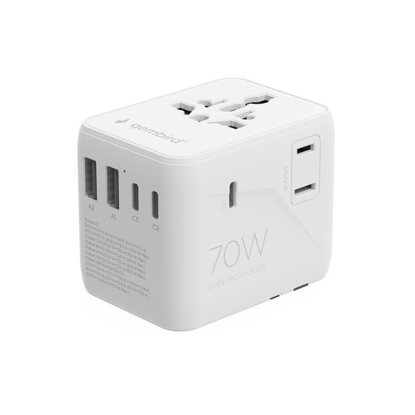 Gembird TPA-2A3C70-01-W Universal travel power adapter, ...