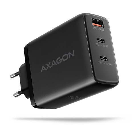 AXAGON ACU-DPQ100 GaN Wall charger 100W, 3x port (USB-A + dual USB-C), PD3.0/PPS/QC4+/Apple