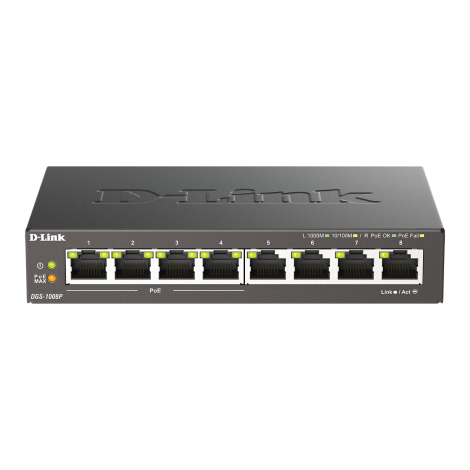 D-Link | 8-Port Gigabit PoE Switch (4xPoE) | DGS-1008P | Unmanaged | Desktop | Power supply type External