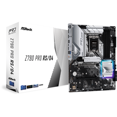 ASRock | Z790 PRO RS/D4 | Processor family Intel | Processor socket  LGA1700 | DDR4 DIMM | Memory slots 4 | Supported hard disk drive interfaces 	SATA, M.2 | Number of SATA connectors 8 | Chipset Intel Z790 | ATX