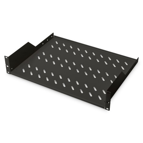 Digitus | 2U Fixed Shelf for Racks | DN-19 TRAY-2-SW | Black | Perfect for storage of components which are not 483 mm (19”) suitable. Slim design which takes space of 2 height units. Easy and quick to mount or dismount. Dimensions 88x482x349 mm, up to 25 