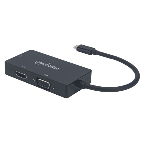 Manhattan USB-C Dock/Hub, Ports (x3): DVI-I, HDMI and VGA Ports, Note: Only One Port can be used at a time, External Power Supply Not Needed, Universal for all devices, Cable 10cm, Black, Three Year Warranty