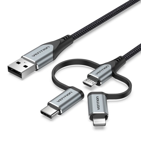 Vention USB 2.0 A Male to 3-in-1 Micro-B&USB-C&Lightning Male Cable 1M Gray Aluminum Alloy Type