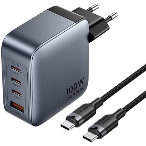 Ładowarka Vention 100W GaN 1x USB-A 3x USB-C + kabel USB-C do USB-C 1m