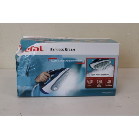 SALE OUT. TEFAL FV2838E0 Steam Iron, Water Tank 0.27 L, Countinuous Steam 40 g/min, Blue/White | TEFAL FV2838E0 | Steam Iron | 2400 W | Water tank capacity 270 ml | Continuous steam 40 g/min | Blue/White | DAMAGED PACKAGING, BROKEN CORPUS ON SIDE