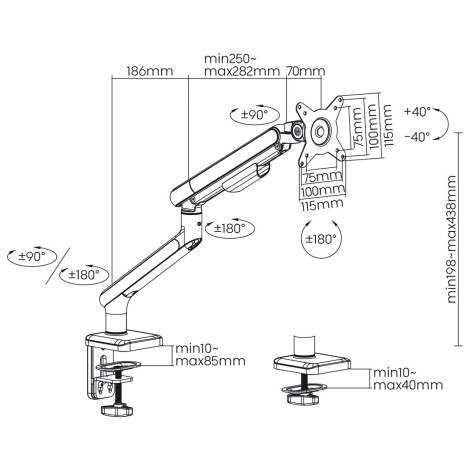 Ergo Office ER-751 Monitor Desk Mount Gas Spring 9kg Adjustable VESA 75x75 100x100 17" - 32" White Silver Clamp Mount Single Arm LED LCD QLED OLED