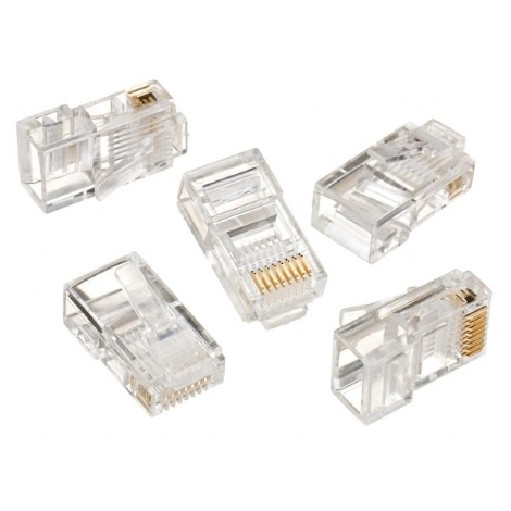 Modular plug 8P8C for solid LAN cable CAT5, UTP, 10 pcs. per bag | Modular 8P8C RJ45 plug, 30u” gold plated, 3-fork internal contacts for use with solid LAN cables