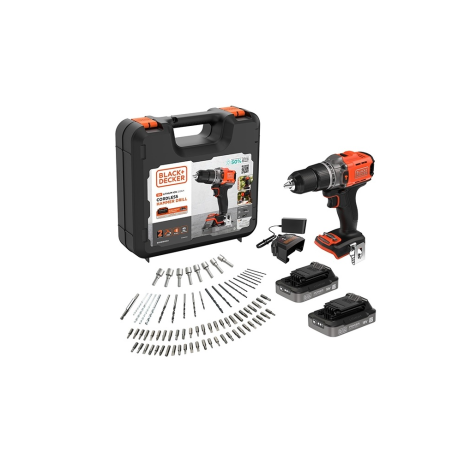 BLACK & DECKER 18V Impact Drill (with 2 x 18V 2.0Ah batteries with charge status indicator, 1A charger and 80 accessories) | BCD383D2XKA-QW | 2.0 Ah
