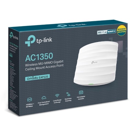 TP-LINK | Access Point | EAP225 | 802.11ac | 2.4GHz/5GHz | 450+867 Mbit/s | 10/100/1000 Mbit/s | Ethernet LAN (RJ-45) ports 1 | MU-MiMO Yes | PoE in | Antenna type 5xInternal