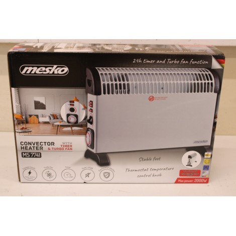 SALE OUT. Mesko MS 7741w Convector Heater with Timer and Turbo Fan, 3 Heating Powers: 750W-1250W-2000W, Grey | Mesko Convector Heater with Timer and Turbo Fan | MS 7741w | Convection Heater | 2000 W | Number of power levels 3 | White | DAMAGED PACKAGING, 