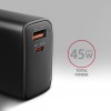 AXAGON ACU-PQ45 GaN Wall charger 45W, 2x port (USB-A + USB-C) PD3.0/PPS/QC4+/SFC 2.0/Apple