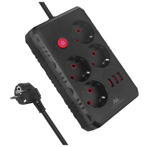 Maclean power strip, 4-socket extension cable + 3xUSB, 110-240V AC 50/60Hz, 2.1A max 2500W, 3m, black, MCE393 B