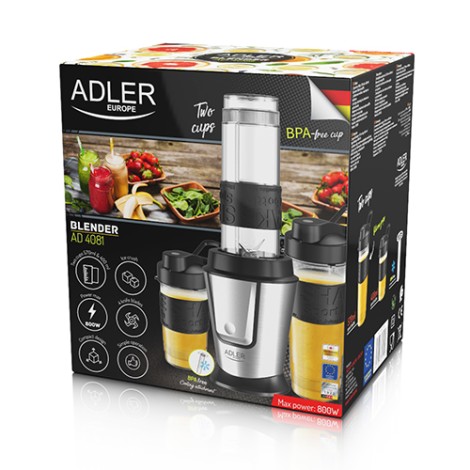 Adler | Blender | AD 4081 | Tabletop | 800 W | Jar material BPA Free Plastic | Jar capacity 0.4 + 0.57 L | Ice crushing | Black/Stainless steel