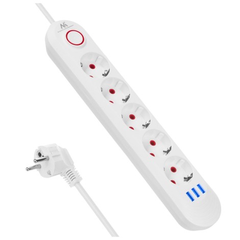 Maclean power strip, 5 socket extension + 3xUSB, 110-240V AC 50/60Hz, 2.1A max 2500W, 1.5m, white, MCE395 W