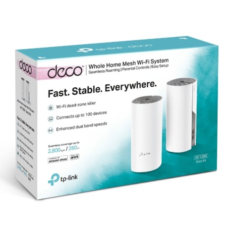 C1200 Whole Home Mesh Wi-Fi System | Deco E4 (2-pack) | 802.11ac | 867+300 Mbit/s | 10/100 Mbit/s | Ethernet LAN (RJ-45) ports 2 | Mesh Support Yes | MU-MiMO Yes | No mobile broadband | Antenna type 2xInternal