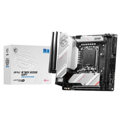 MSI | MPG B760I EDGE WIFI | Processor family Intel | Processor socket  LGA1700 | DDR5 DIMM | Memory slots 2 | Supported hard disk drive interfaces SATA, M.2 | Number of SATA connectors 4 | Chipset Intel B760 | Mini-ITX