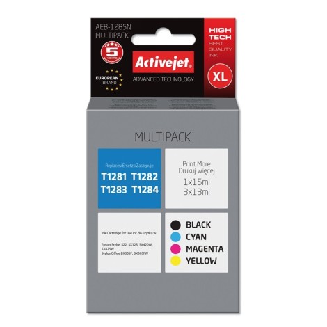 Activejet AEB-1285N Ink (replacement for Epson T1281, T1282, T1283, T1284; Supreme; 1 x 15 ml, 3 x 13 ml; black, magenta, cyan, yellow)