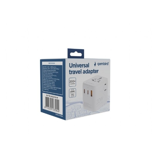 Gembird TPA-1A2C20-01-W Universal travel power adapter, ...