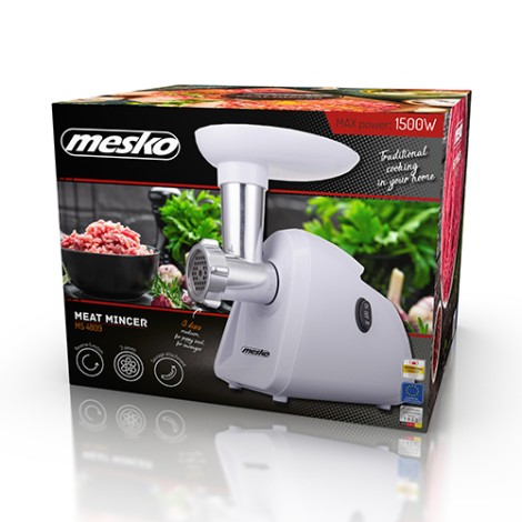 Mesko | Meat mincer | MS 4809 | White | 350 W | Middle size sieve; mince sieve; poppy sieve; plunger; sausage filler