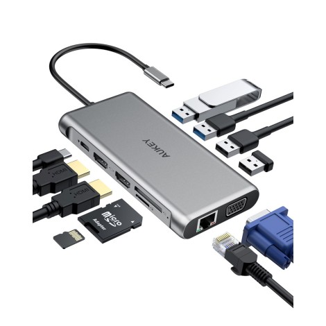 AUKEY CB-C78 interface hub 5000 Mbit/s Black | Aluminium | 12in1 | RJ45 Ethernet 10/100/1000Mbps | 2xUSB 3.1 | 2xUSB 2.0 | 2xHDMI 4k@30Hz | VGA | SD & microSD | USB-C