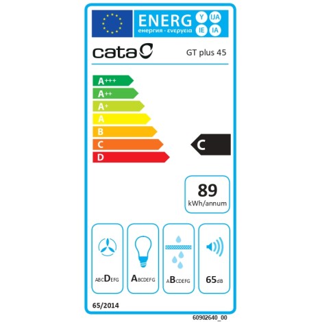 CATA | Hood | GT-PLUS 45 X/M | Canopy | Energy efficiency class C | Width 60 cm | 645 m³/h | Mechanical control | LED | Stainless Steel