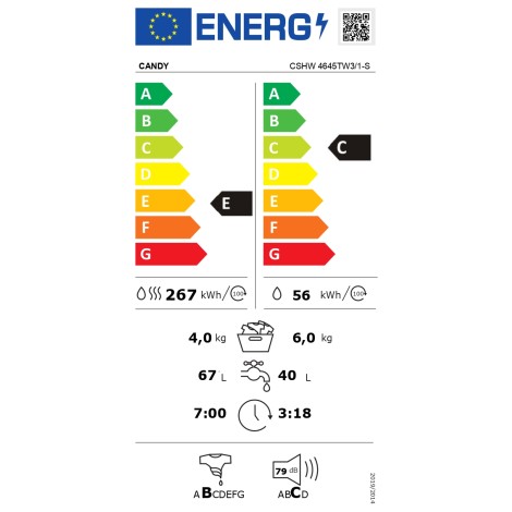 Candy Washing Machine with Dryer | CSHW 4645TW3/1-S | Energy efficiency class C/E | Front loading | Washing capacity 6 kg | 1400 RPM | Depth 45 cm | Width 60 cm | Display | Digit | Drying system | Drying capacity 4 kg | Steam function | White