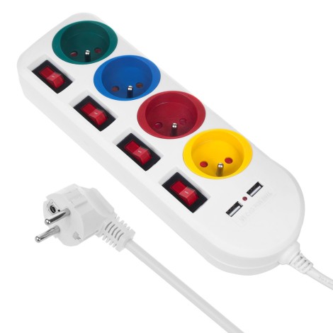 Maclean power strip, extender 4 sockets + 2xUSB, with switches, 250VAC/10A, 2.1A 5V, 1.5m, white, MCE229 W